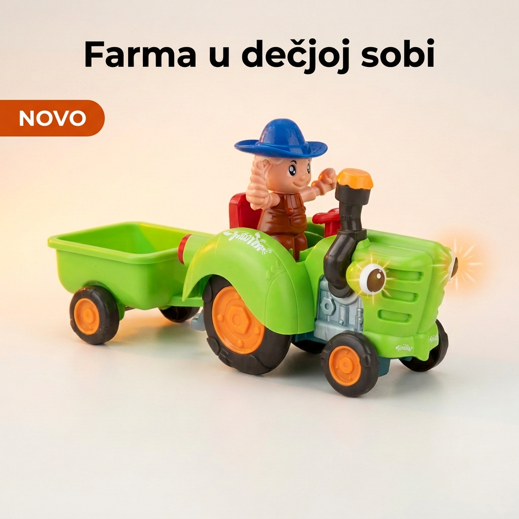 Veseli traktor sa farmerom i muzikom