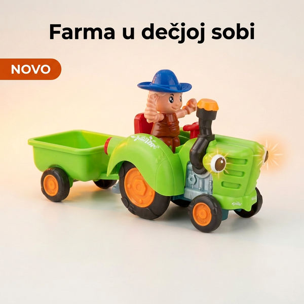 Veseli traktor sa farmerom i muzikom